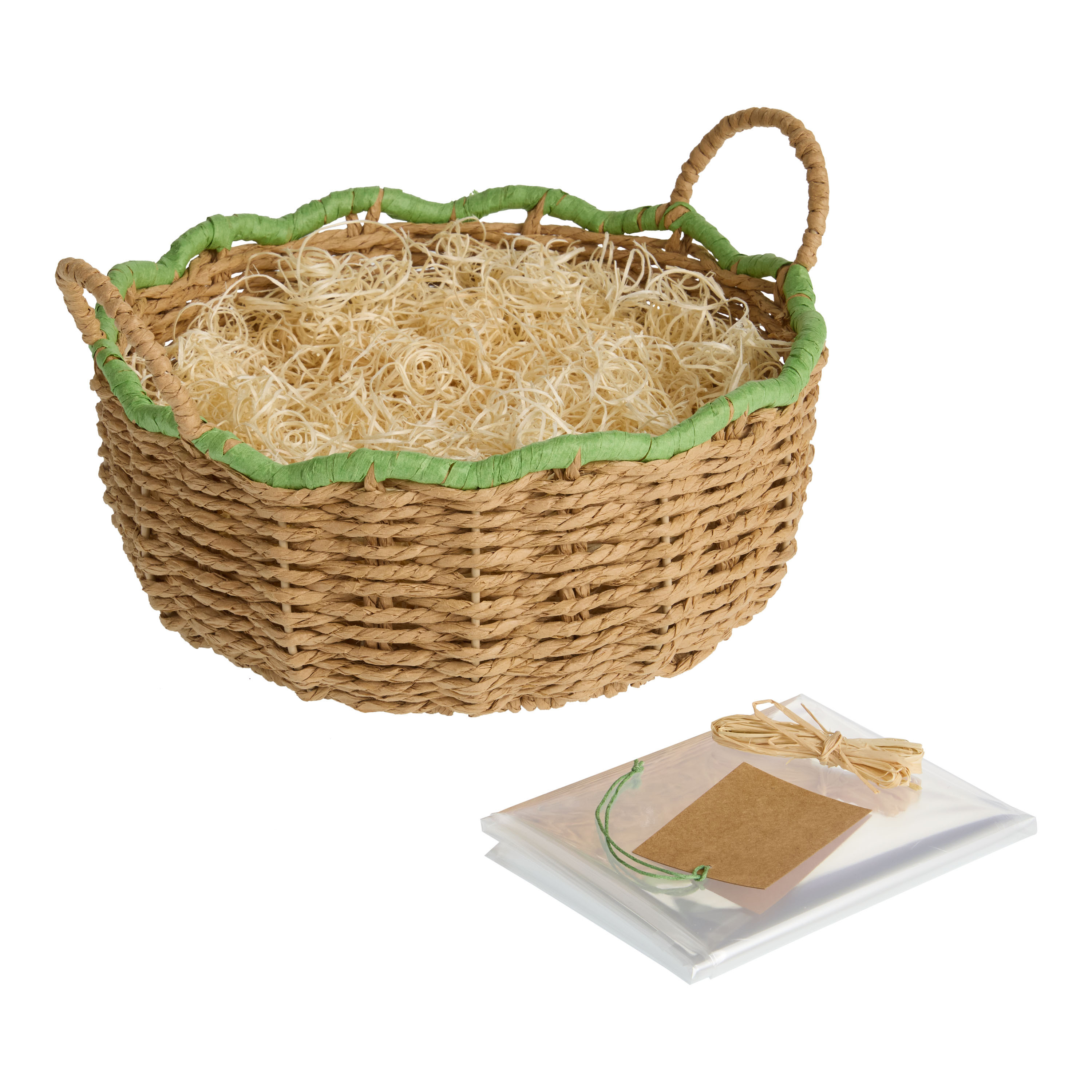 Round Neon Green and Natural Jute Scalloped Gift Basket Kit - World Market | World Market