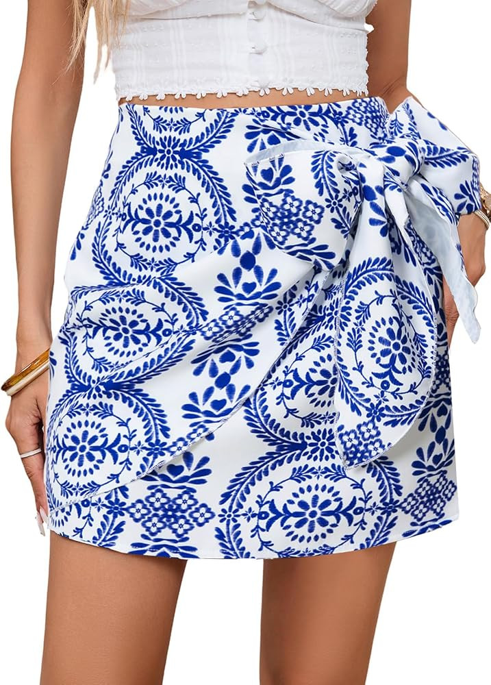 Milumia Women's Summer Boho Wrap Mini Skirt Allover Print High Waisted Knot Side Short Vacation B... | Amazon (US)