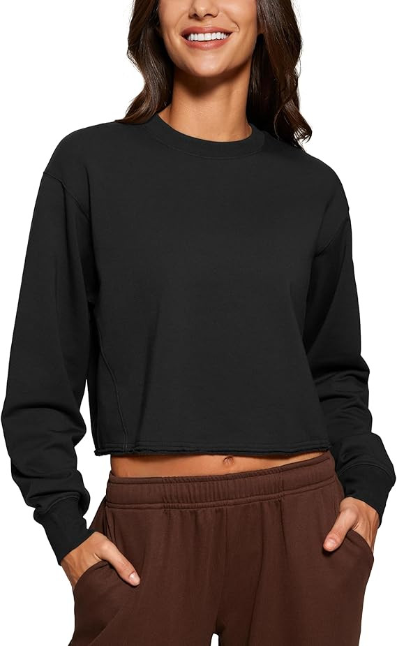 CRZ YOGA Womens Fleece Cropped Sweatshirts Crewneck Long Sleeve Sweat Shirts Double Raw Hem Worko... | Amazon (US)