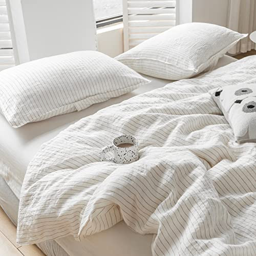 Simple&Opulence 100% Linen Duvet Cover Set 3pcs Yarn Dyed Vertical Pinstripe Ticking Pattern Natural French Washed Flax Breathable Farmhouse Bedding - Cinnamon Stripe, Queen Size | Amazon (US)
