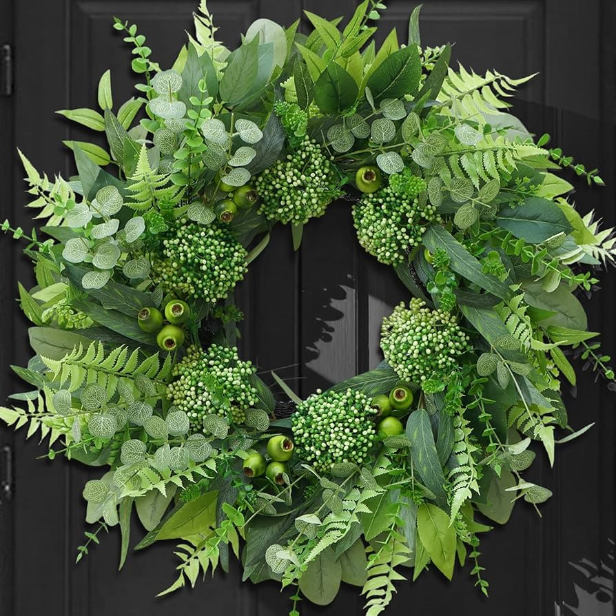 24 Inch Artificial Greenery Wreath for Front Door - Green Wreath with Eucalyptus and Fern Leaves,... | Amazon (US)