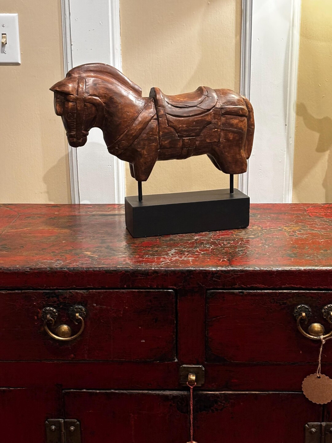 Vintage-Style Wooden Horse Figurine, Hand-Carved, Mounted On A Black Base | Etsy (US)