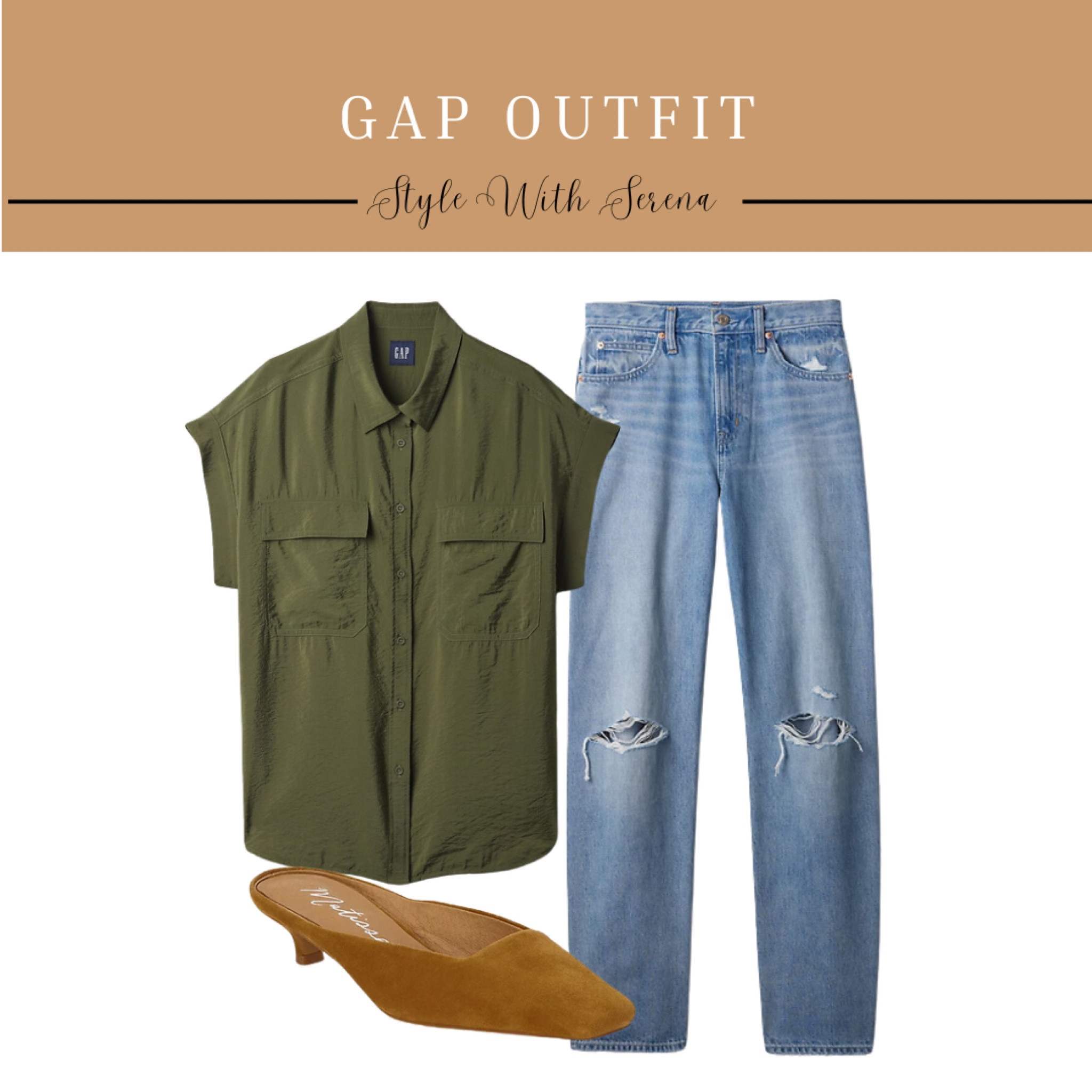 Gap outfit, army green blouse, denim, jeans, heels, teacher outfit, casual outfit 

#LTKFindsUnder50 #LTKStyleTip #LTKOver40