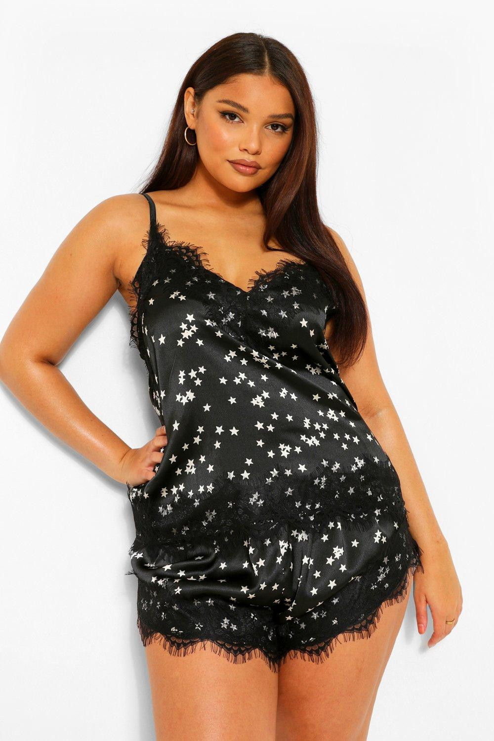 Plus Star Print Lace Trim Camisole And Shorts Pajama Set | Boohoo.com (US & CA)