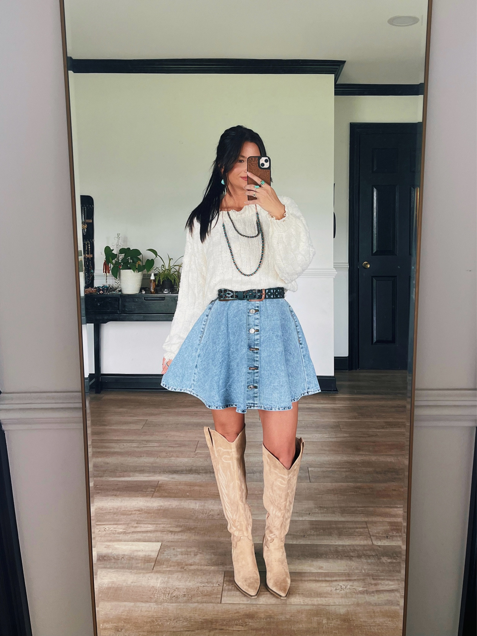 White sweater paired with denim flare skirt! Wearing small sweater & xs skirt! No stretch in skirt but can size down. I do have room in the waist! Code LORI20

#LTKSeasonal #LTKFallSale #LTKStyleTip