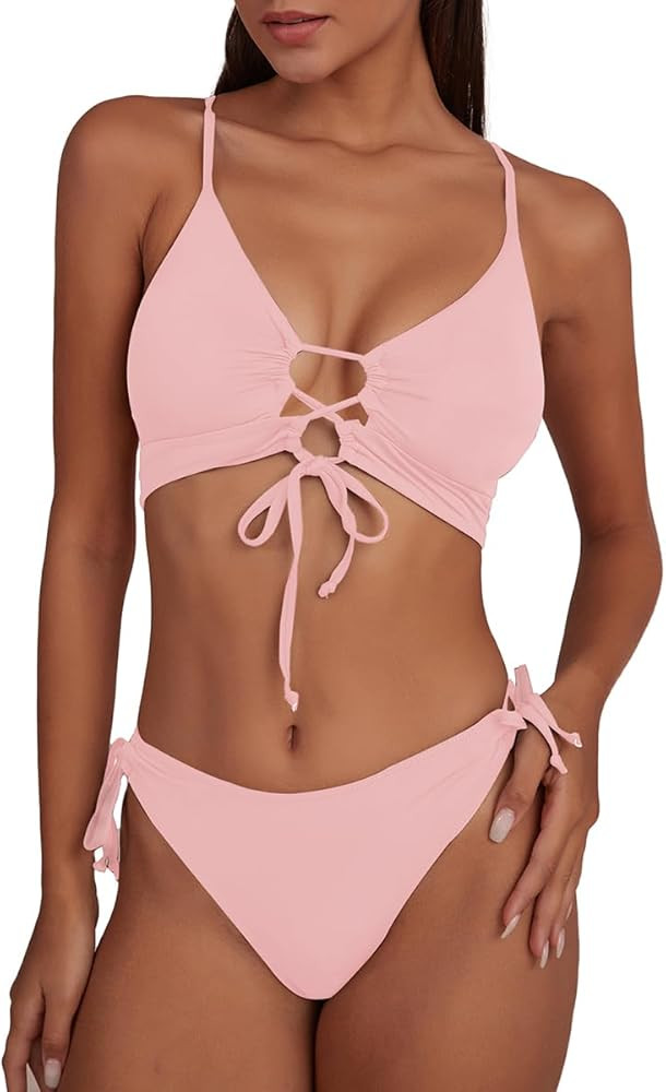 CHYRII Womens Sexy Cutout Bikini Sets Lace Up High Cut Thong Two Piece Swimsuit | Amazon (US)