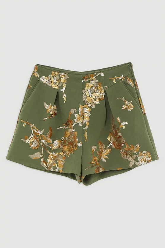 Satin Sequin And Embroidery Woven Shorts | Karen Millen | Karen Millen UK + IE + DE + NL