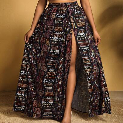 Plus Size Full Print Tie Waist Side Slit Skirt, Summer | SHEIN