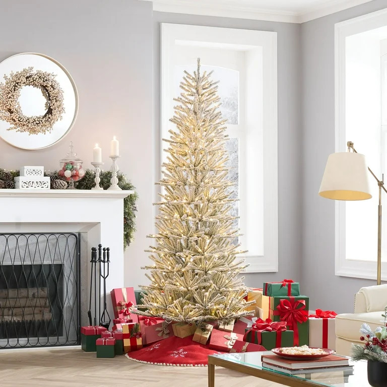 7.5 ft Pre-Lit Clinton Flocked Spruce Artificial Christmas Tree, Green, 400 LED, by Holiday Time | Walmart (US)