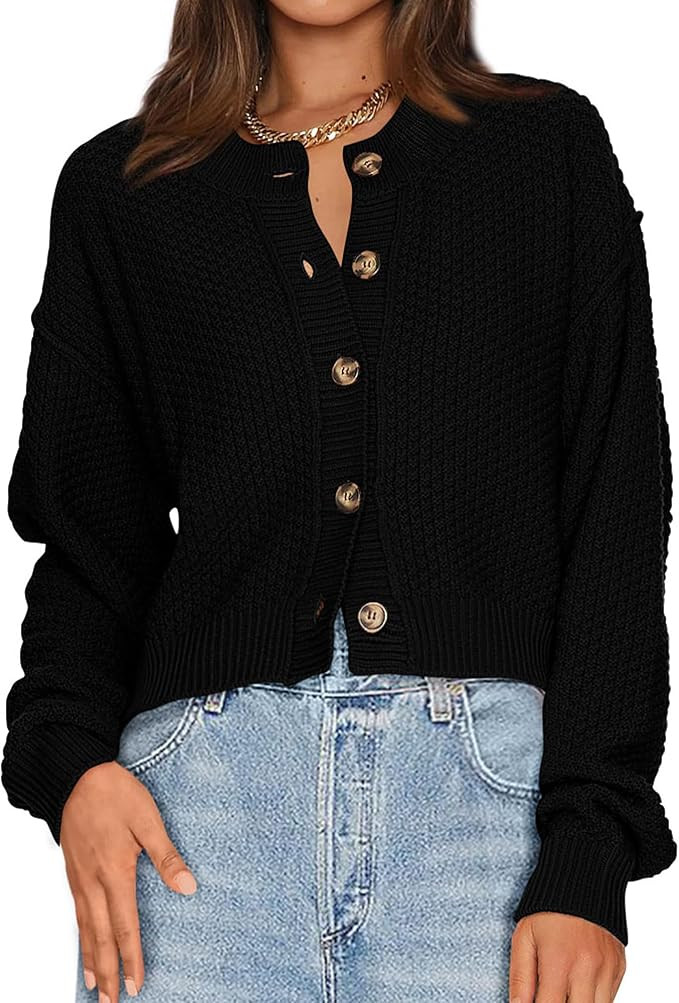 PRETTYGARDEN Women Casual Open Front Button Down Cropped Cardigan Sweaters Cute Fall Long Sleeve ... | Amazon (US)
