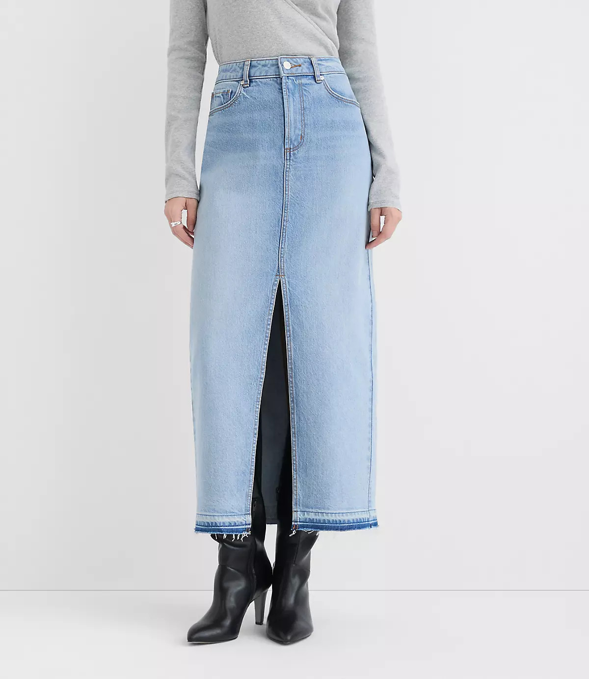 Rivete Tall Front Slit Denim Maxi Skirt in Vintage Light Wash | LOFT