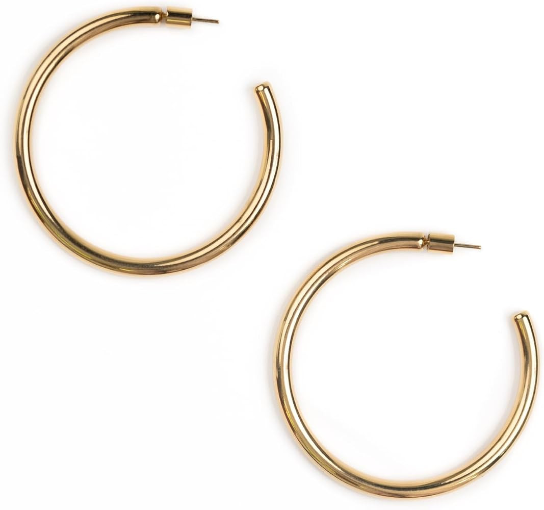 Bestow Large Gold Hoops Earrings for Women, 18K Hypoallergenic, Lightweight, Classic Big Hoops, M... | Amazon (US)