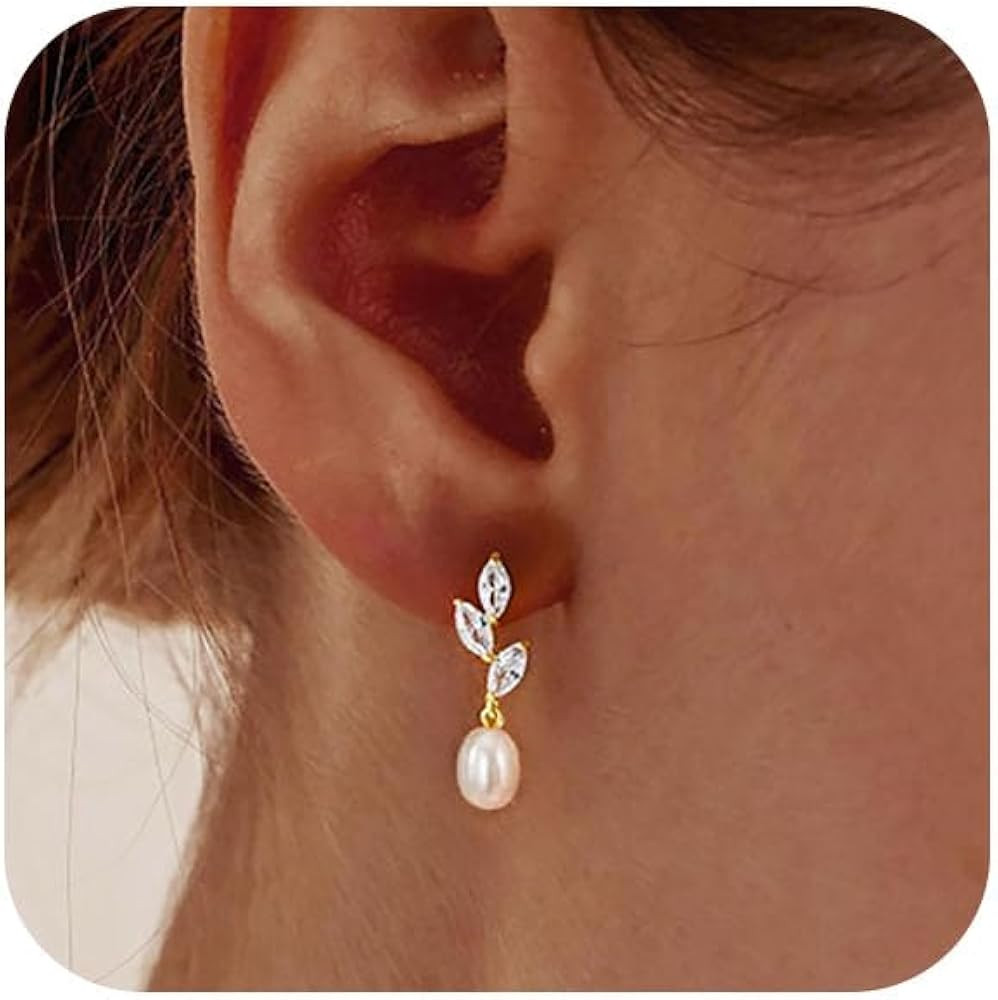 Hayopi Pearl Earrings for Women - Dainty Gold Dangle Drop Earrings, 14k Gold Plated Cute Bow Desi... | Amazon (US)