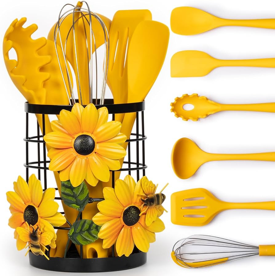 Sunflower Utensil Caddy with Silicone Cooking Utensils Set 6PCS, Canister Holder Sunflower Kitche... | Amazon (US)