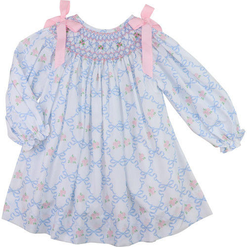 Blue And Pink Rose Bow Smocked Dress | Cecil and Lou