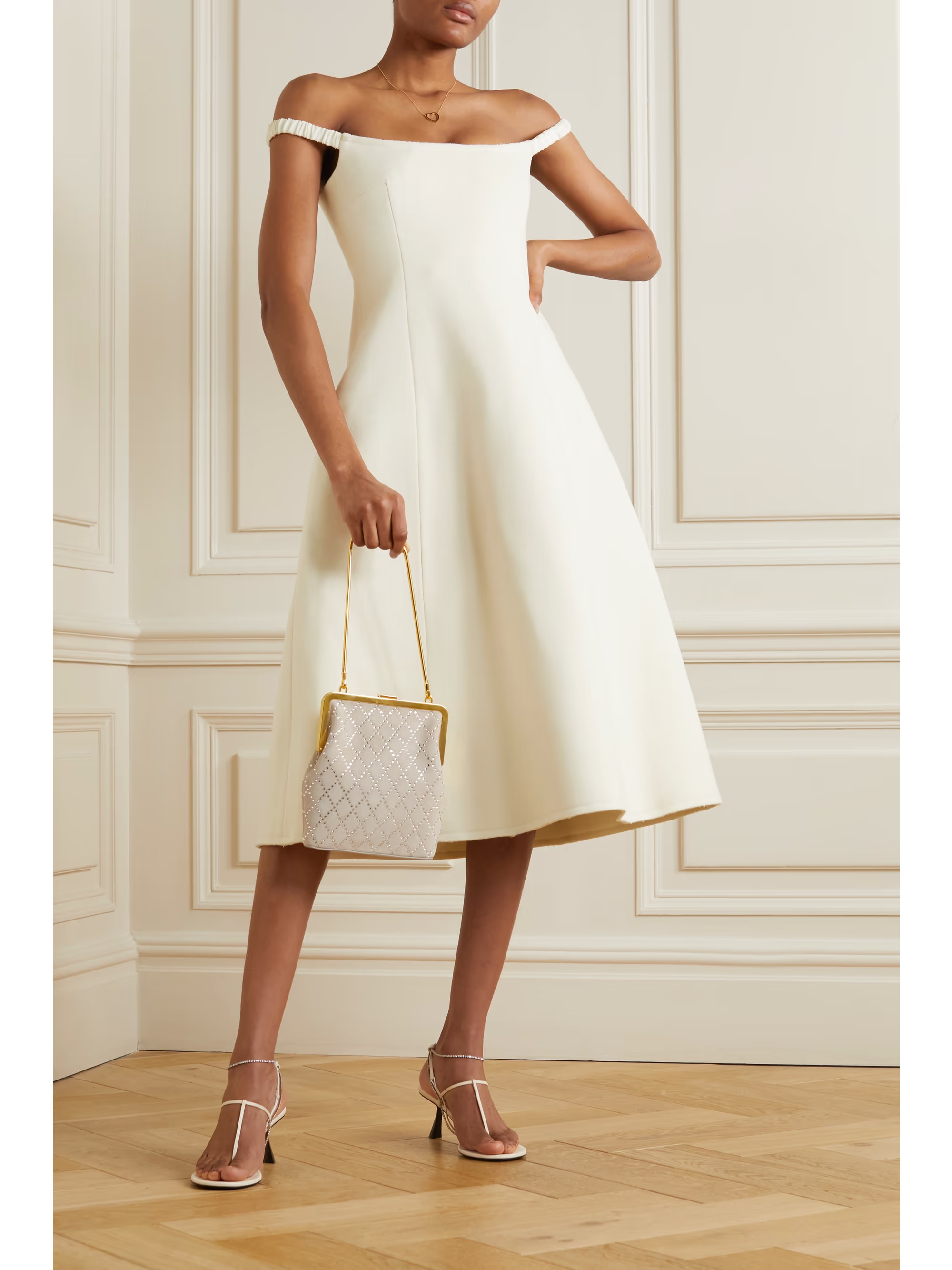 KHAITE Uma off-the-shoulder Melton wool-blend midi dress | NET-A-PORTER | NET-A-PORTER (US)