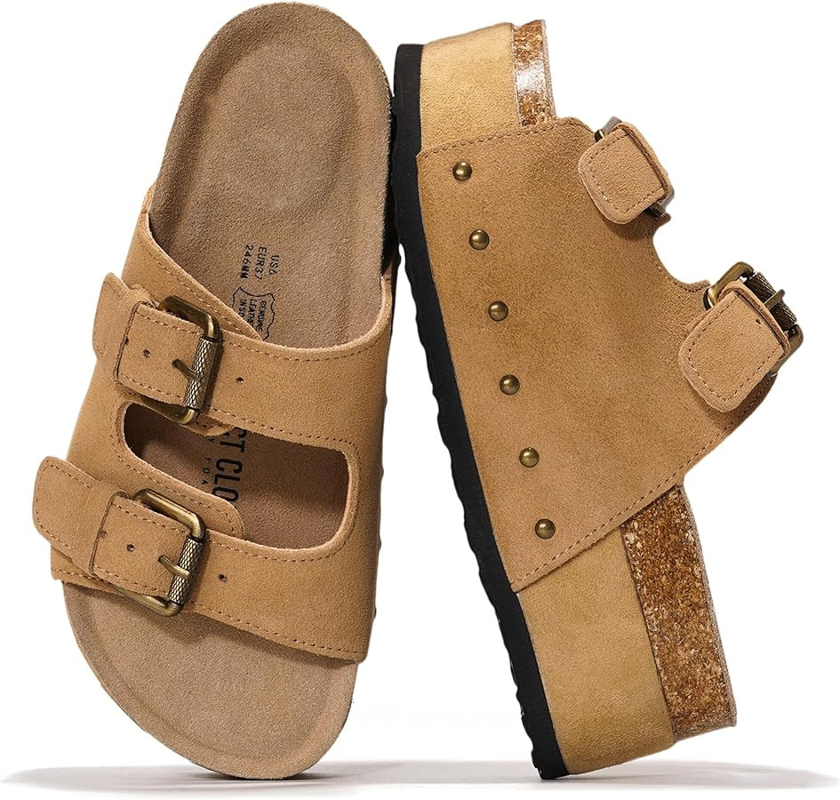 Project Cloud 100% Genuine Leather Platform Sandals Women - Memory Foam Insole with Two-Buckle - ... | Amazon (US)