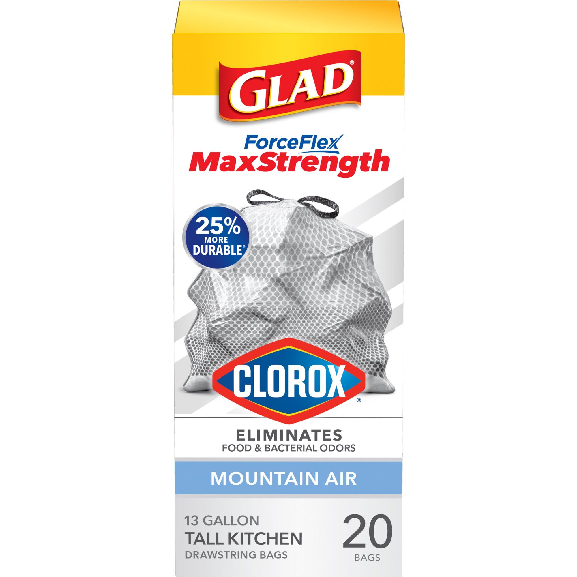 Glad ForceFlex MaxStrength with Clorox Tall Kitchen Trash Bags, 13 Gal, Mountain Air, 20 Ct | Walmart (US)