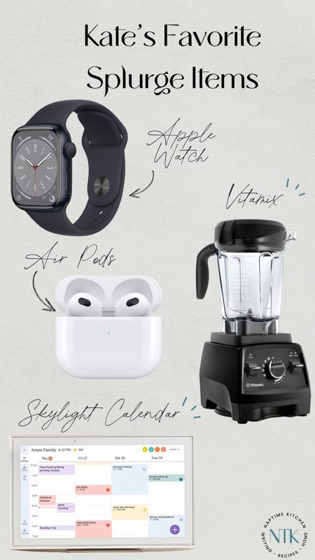 The gift guide on splurge items I have and love - this is the Vitamix is had for over a decade before I upgraded to the 750 series (it is the gold standard of blenders), AirPods because they are the best for working out and staying in my ear, Apple Watch because I love that I don’t have to carry my phone around everywhere and the Skylight calendar because it is so helpful in coordinating all of the kids schedules 

#LTKGiftGuide #LTKHoliday