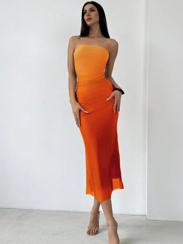 Aloruh American Style Ombre Mesh Printed Bandeau Bodycon Orange Dress | SHEIN
