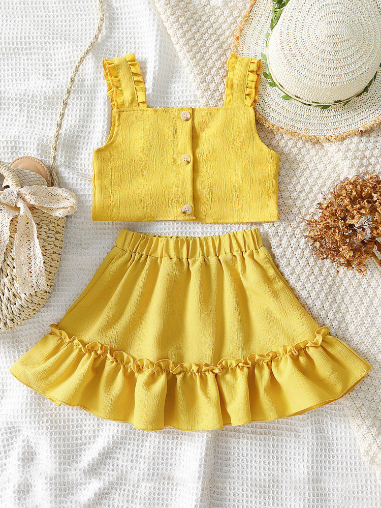 Toddler Girls Frill Button Front Cami Top & Ruffle Hem Skirt | SHEIN