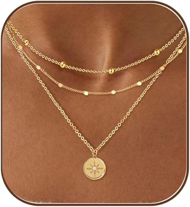 Layered Necklaces for Women, Dainty 14K Gold Plated Circle Peadant Chain Necklace Set Simple Pape... | Amazon (US)