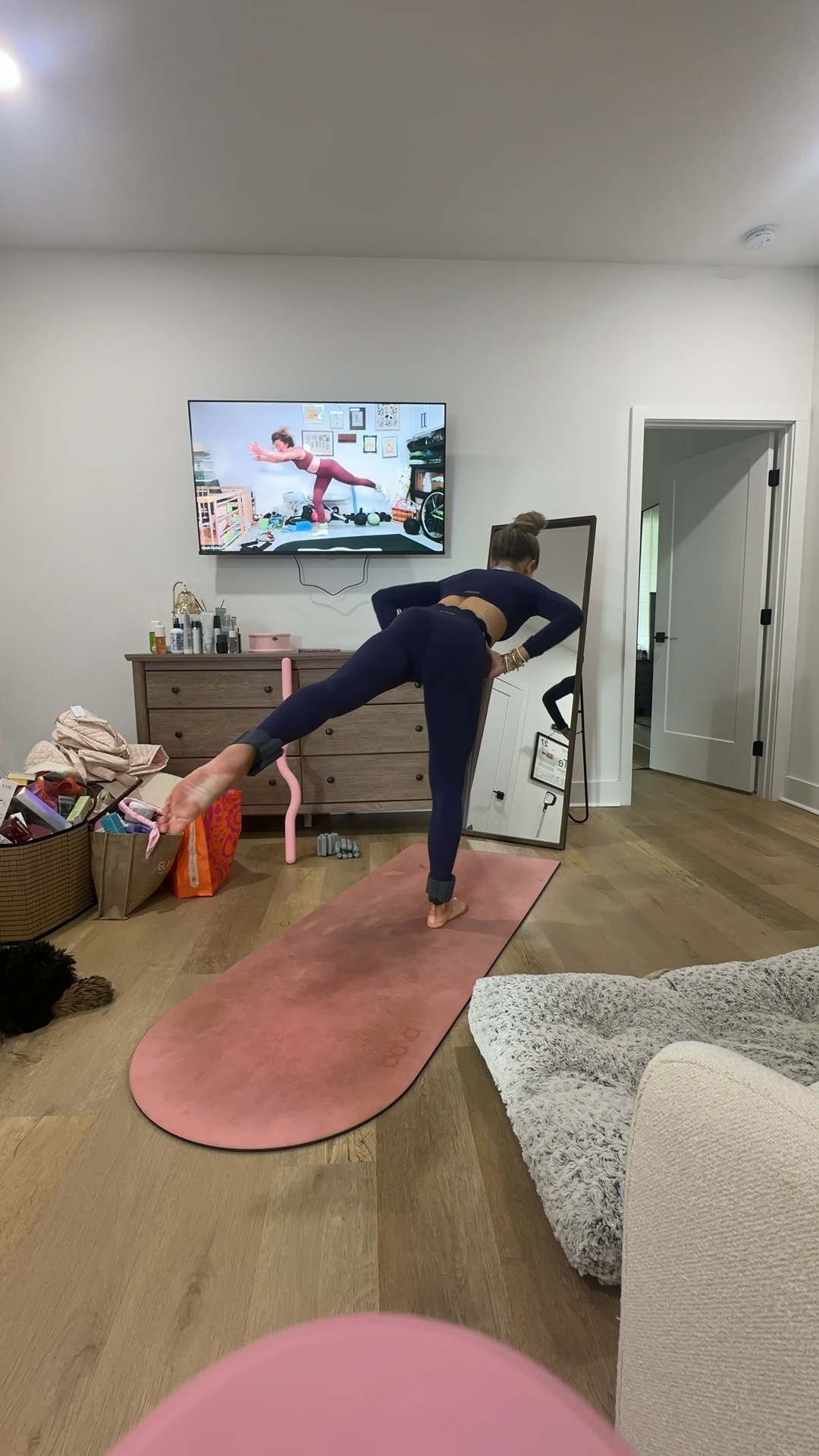 My workout set is @WISKII code SLOANE. size small in both top and bottom. This scallop two-in-one long sleeve crop top is your chic, effortless essential. It features a subtle off-shoulder silhouette and a scallop hem bra design for a sweet, charming touch. This integrated style ensures a confident fit and polished look. Paired with the high waist scallop scrunch legging in midnight blue. 

My workout and workout gear for my daily workout. I take pilates classes from @lexfish on Instagram she has a whole online platform and membership! Most of my pilates gear and tools are from Bala. Bala use code SLOANE15. 
#workoutgear #workoutwear #pilates #ootd #outfit #athleticwear #athleticoutfit #bikershorts #sportsbra #pilatesoutfit #athleisure #bala #pilatesworkout #pilateslovers #pilatestiktok #balabangles

#LTKfitnessgoals #LTKActive #LTKmorningroutine