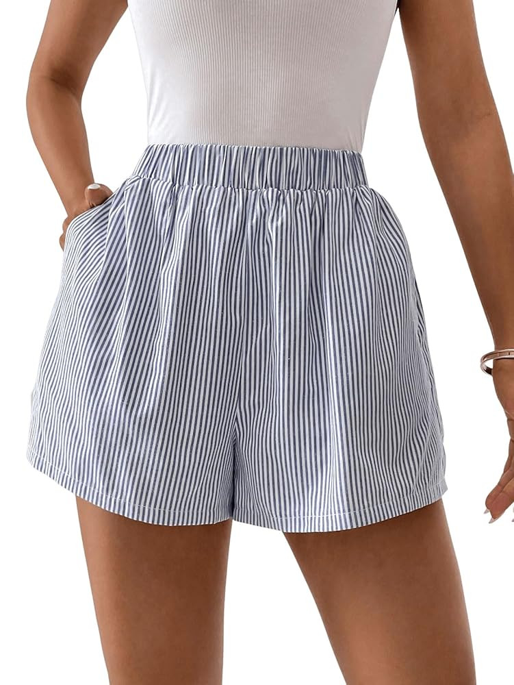 Floerns Women's Striped Print Elastic High Waist Wide Leg Casual Shorts | Amazon (US)