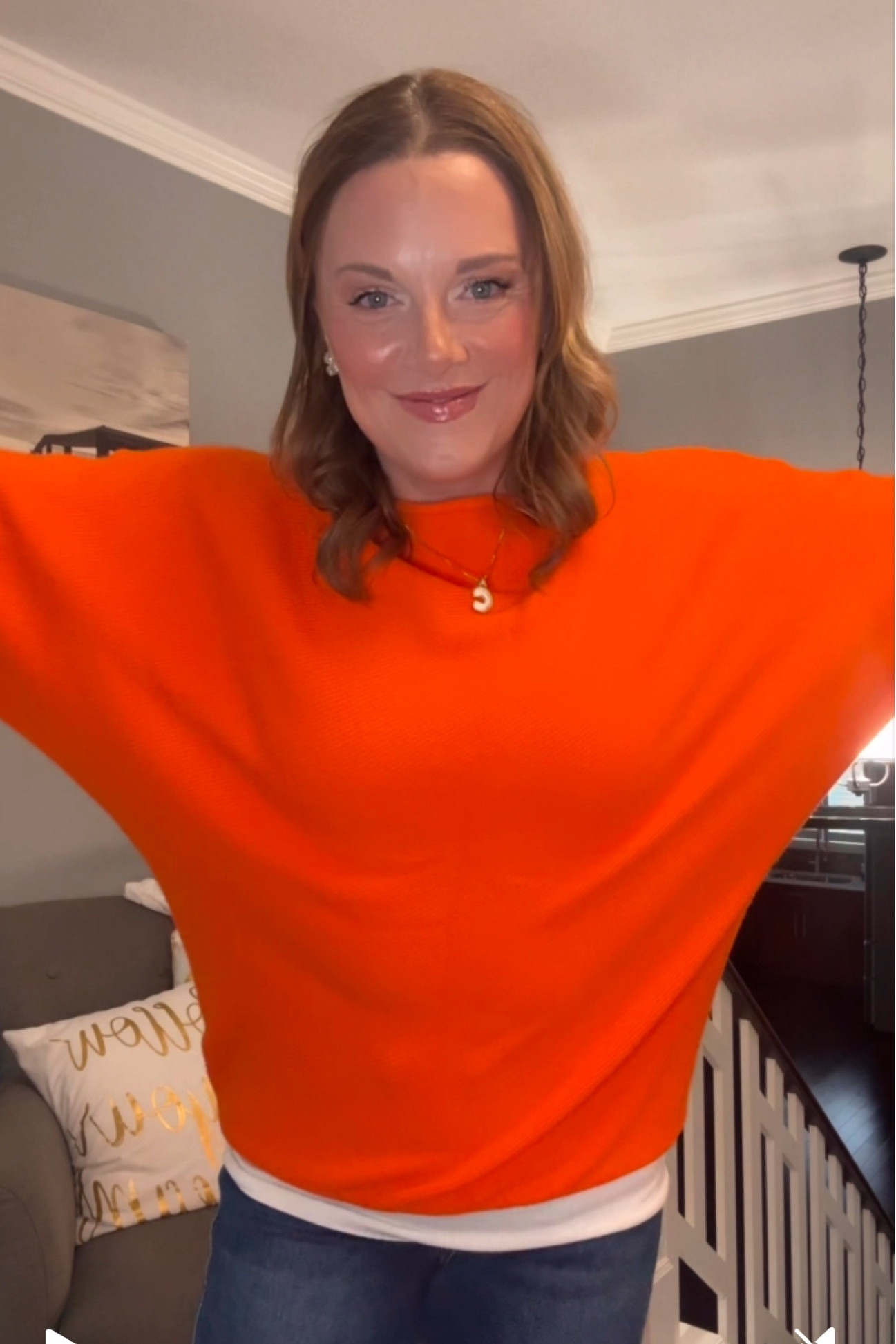 Bright orange
Bat wing sweater
Off the shoulder
Judy blue denim
Bootcut
Extra long jeans 

#LTKFindsUnder50 #LTKStyleTip #LTKMidsize