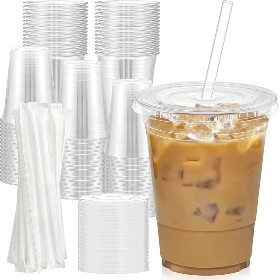 100 Pack - 16 oz Clear Plastic Cups with Lids and Straws, Sturdy & Food Safe Iced Coffee Cups wit... | Amazon (US)
