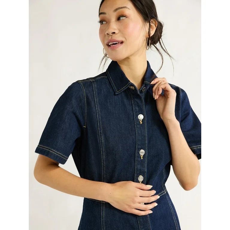 Free Assembly Women's Button Front Cotton Midi Dress with Short Sleeves, XS-XXL | Walmart (US)