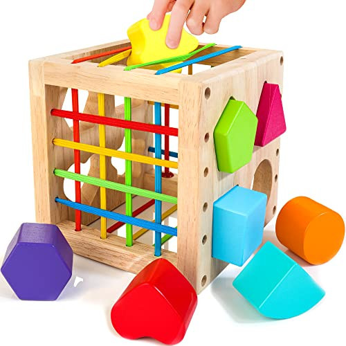 HELLOWOOD Montessori Toys for 1+ Year Old, Wooden Sorter Cube with 8pcs Rattling Shapes, Developmental Learning Toy Gifts for Baby Toddler Boys Girls, Gift Packaging | Amazon (US)