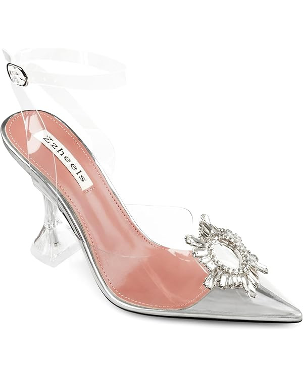 Zzheels Women's High Heel Crystal Slingback Pumps Pointed Toe Strappy Sandals for Party Dating | Amazon (US)