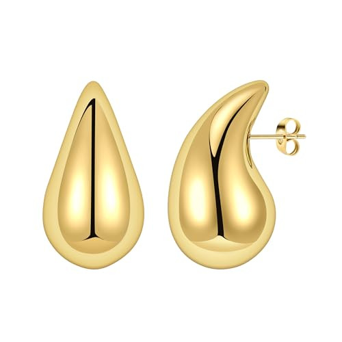 FACOKO Chunky Gold Hoop Earrings for Women, Earring Lightweight Earring, Hypoallergenic 14K Gold Plated Earrings Stud (Waterdrop-Gold) | Amazon (US)