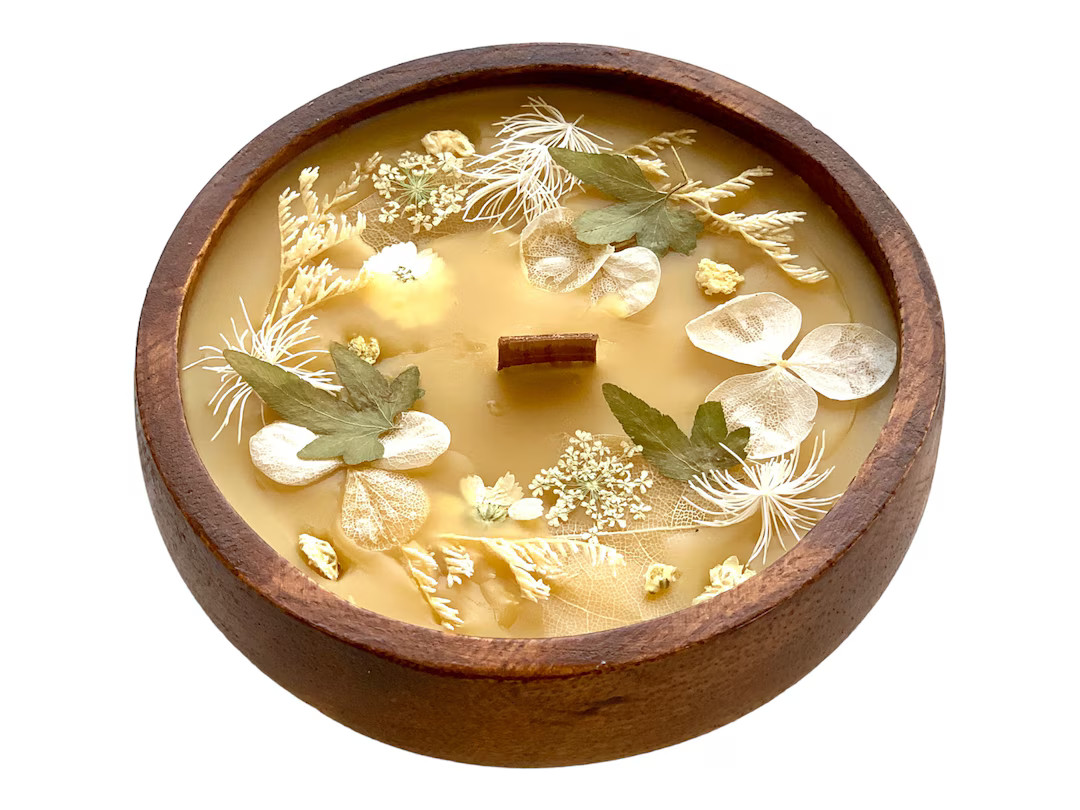 Botanical Beeswax Candle: Acacia Wood Bowl, Crackling Wood Wick - Etsy | Etsy (US)