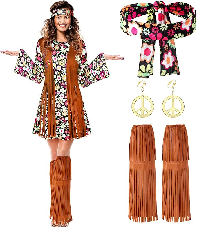 Women Hippie Costume Set Peace Sign Earring Necklace Headband Dress Ankle Socks | Amazon (US)