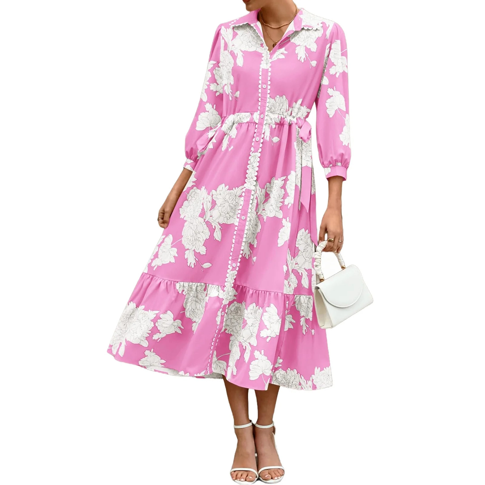 Bohemian Style Women Three Quarter Floral Print Lapel Button Down Long Maxi Dress | Walmart (US)
