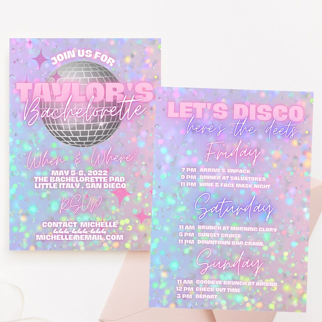 Holographic Disco Bachelorette Itinerary, Sparkle Neon Text Bachelorette Invitation Invite, Insta... | Etsy (US)