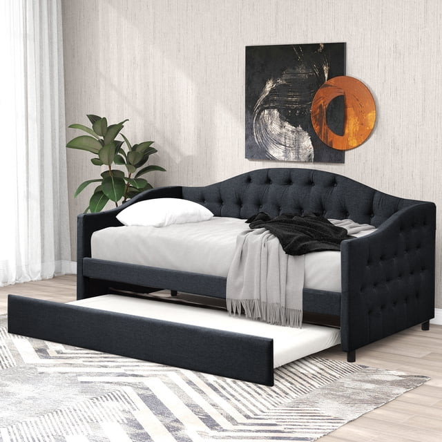 Euroco Upholstery Twin Size Daybed, Wood Tufted Daybed with Trundle for Living Room/Guests Room, ... | Walmart (US)