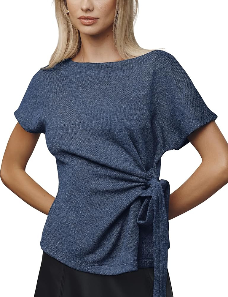 Yeokou Womens Wrap Sweater Casual Elegant Short Sleeve Round Neck Tie Waist Pullover Spring Summe... | Amazon (US)