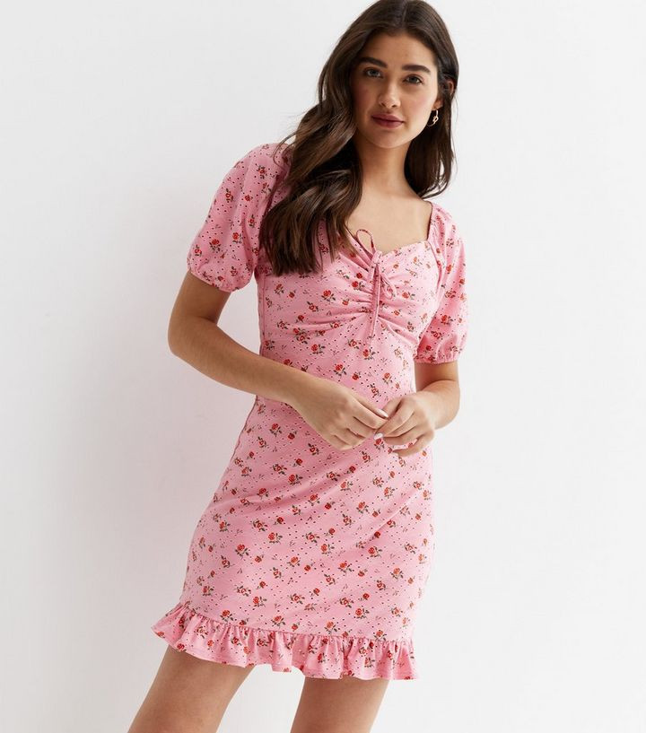 Pink Ditsy Floral Broderie Short Puff Sleeve Mini Dress
						
						Add to Saved Items
						Rem... | New Look (UK)