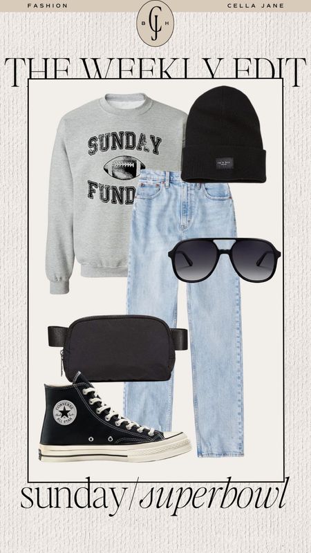 Cella Jane blog weekly edit outfit inspiration. Style inspiration. Sunday Super Bowl party. Casual style. Sweatshirt, jeans, sneakers, beanie, belt bag  

#LTKstyletip