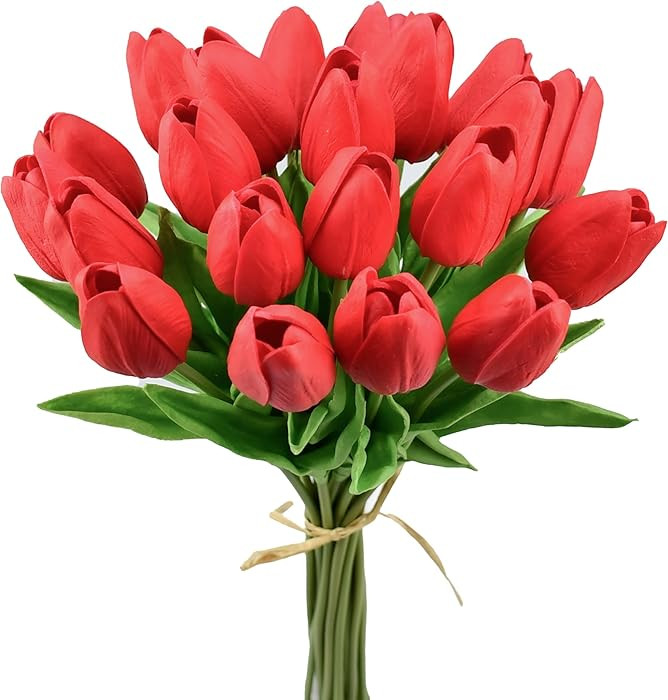 Mandy's Artificial Tulips 20 Stems Red PU Faux Flowers for Valentine's Day and New Year Decoratio... | Amazon (US)