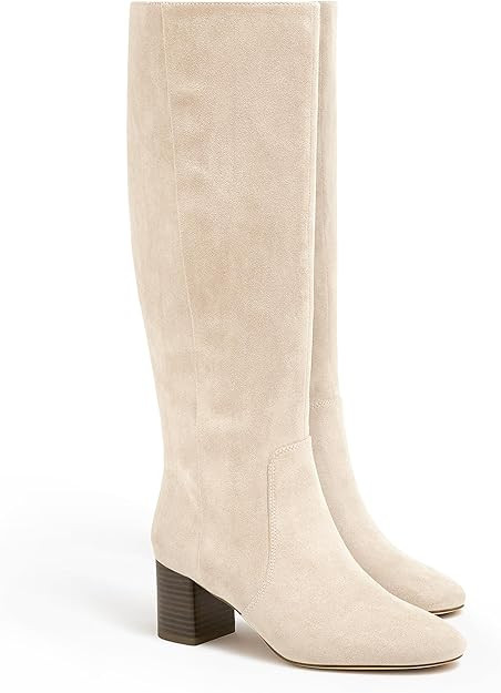 Coutgo Womens Chunky Heel Knee High Boots Suede Round Toe Fall Winter Tall Boots with Side Zipper | Amazon (US)