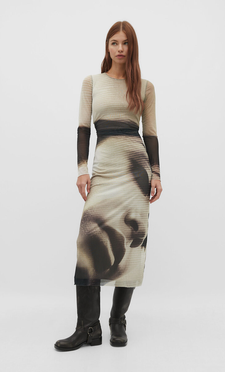 Printed tulle dress - Women's Clothing | Stradivarius United Kingdom | Stradivarius (UK)