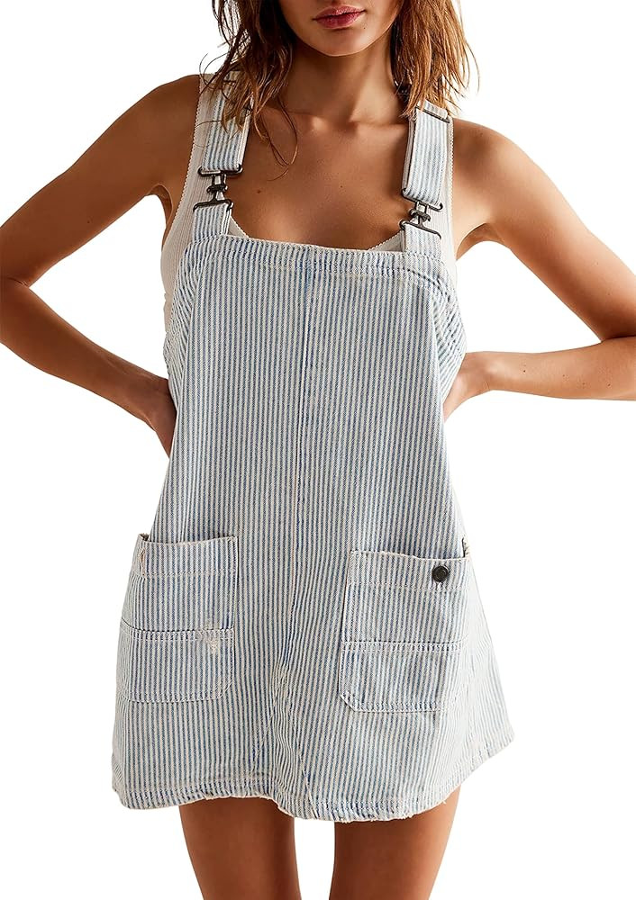 Womens Denim Overalls Dress Casual Summer Jeans Adjustable Strap Short Rompers with Pockets | Amazon (US)