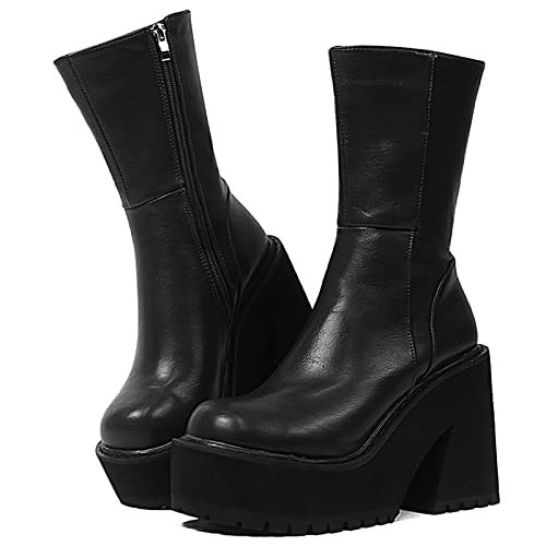 AMINUGAL Womens Wedge Heel Ankle Boots Platform Zipper Punk Motorcycle Booties Chunky Block High Heel Round Toe Fashion Work Combat Boots Mid Calf For Women | Amazon (US)