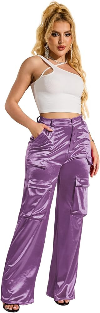 Womens High Waisted Satin Cargo Pants Loose Fit Wide Leg Trousers with Pockets Trendy Outfit | Amazon (US)