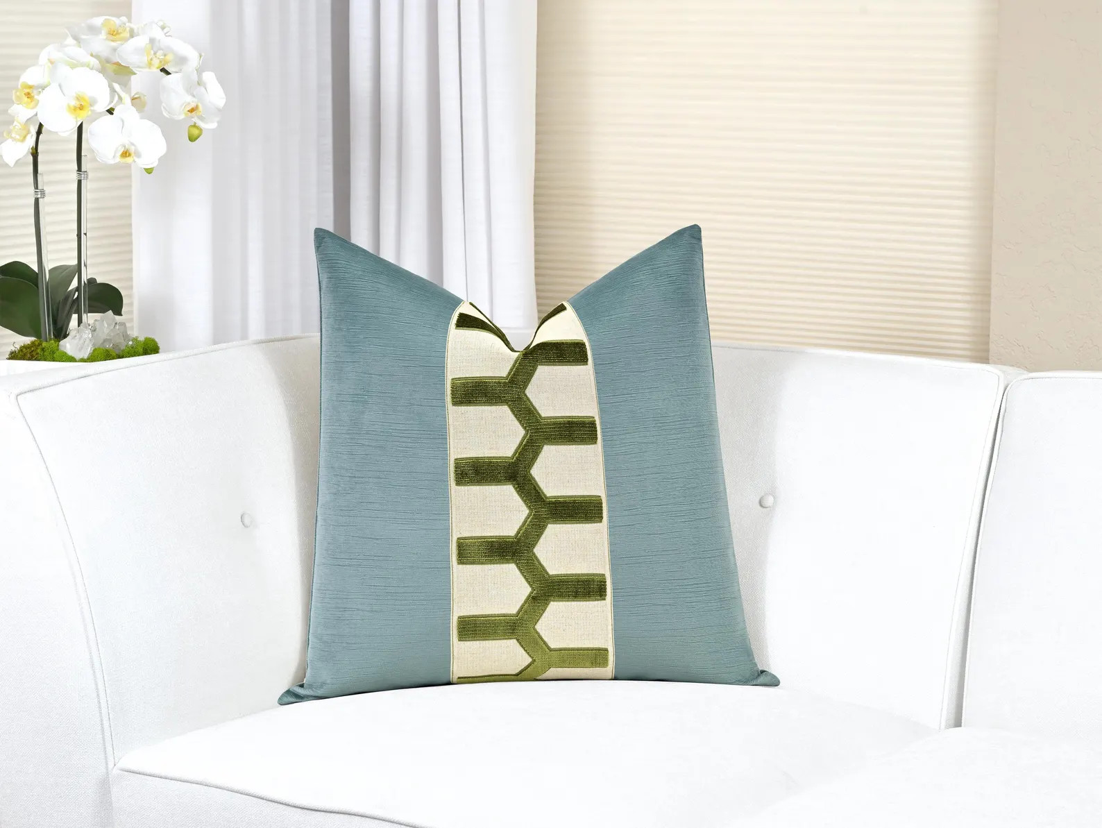 Striated Velvet Throw Pillow Cover in Dusty Turquoise with Large Centered Green Vertex Trim | Etsy (Global)