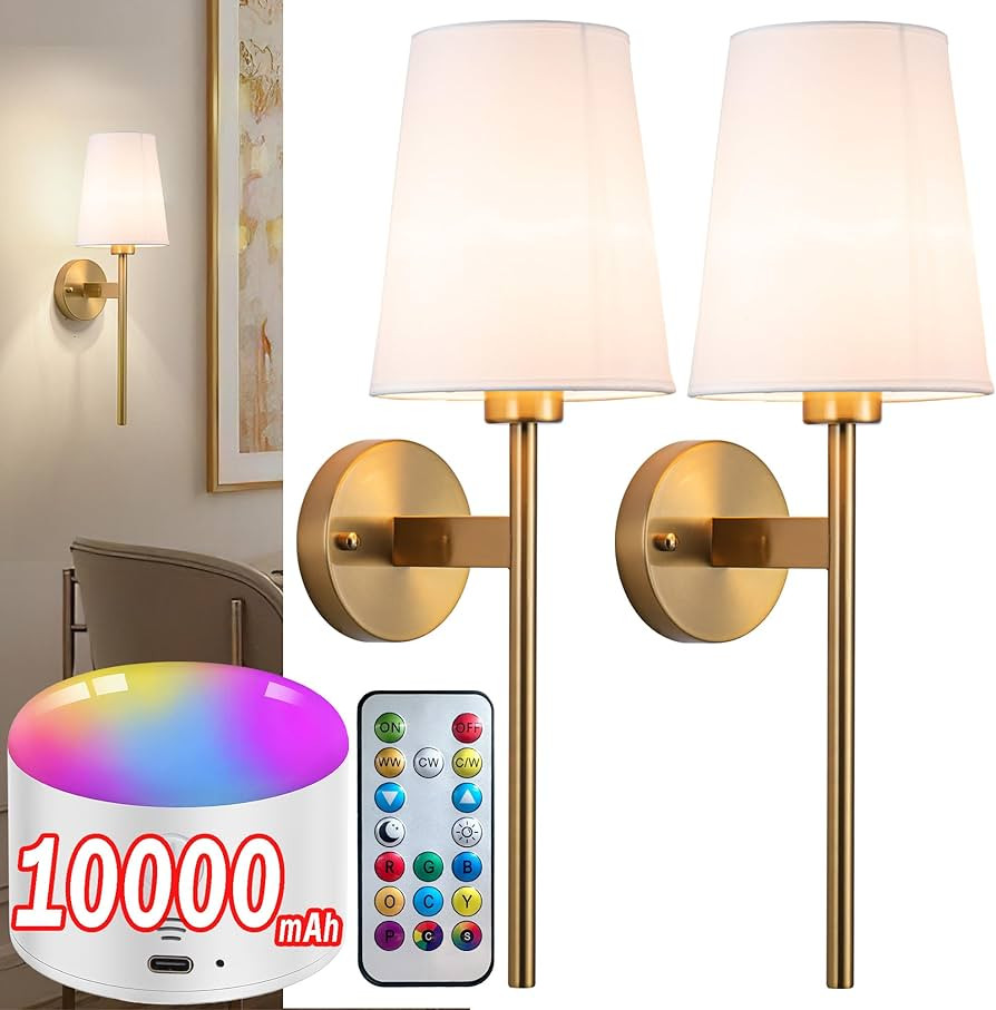 Battery Operated Wall Sconce with Remote,White Fabric Shade Wall Sconce Set Of 2 Battery Powered ... | Amazon (US)
